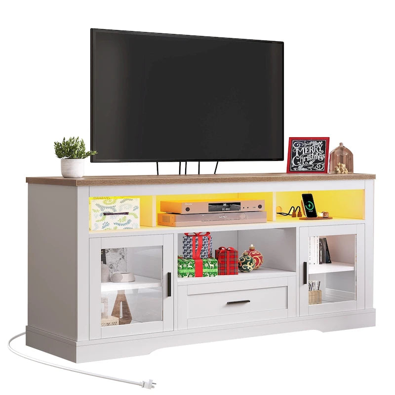 LED Farmhouse TV Stand for TV up to 65 Highboy Entertainment Center with Acrylic Doors