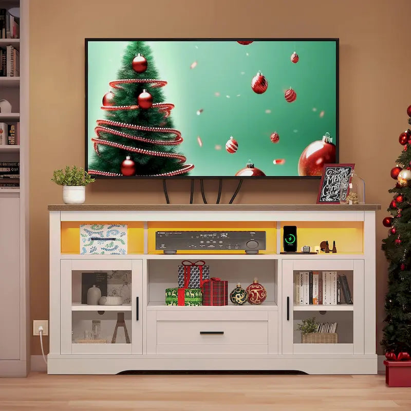 LED Farmhouse TV Stand for TV up to 65 Highboy Entertainment Center with Acrylic Doors