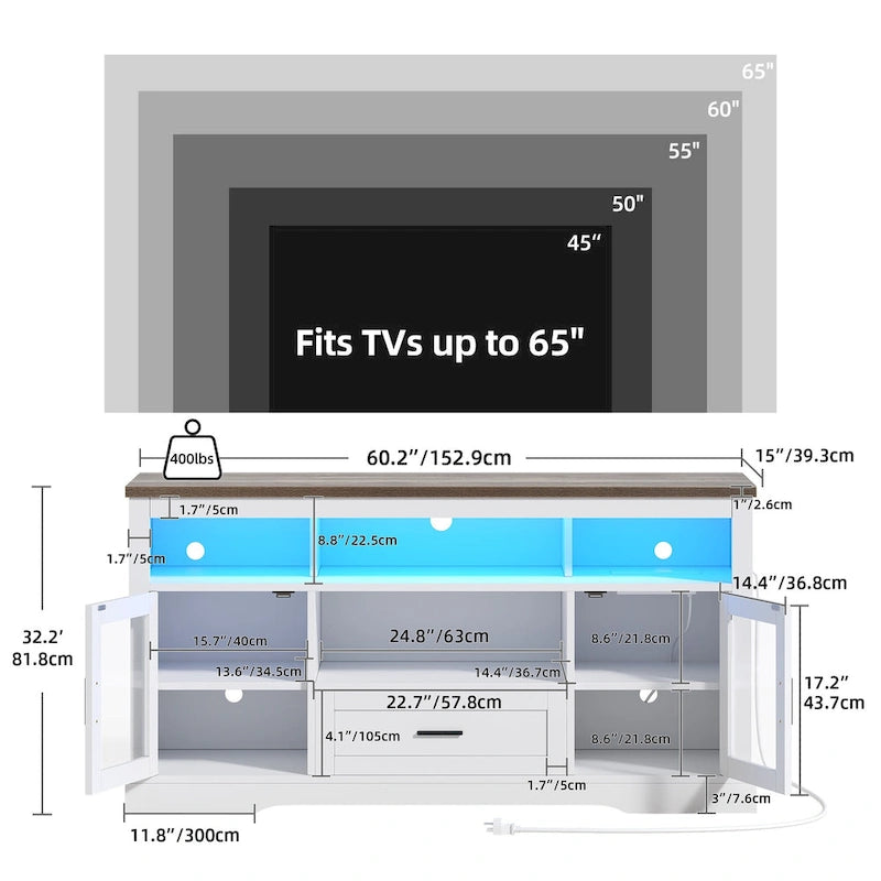 LED-TV-Schrank im Landhausstil für Fernseher bis 65, hohes Unterhaltungscenter mit Acryltüren