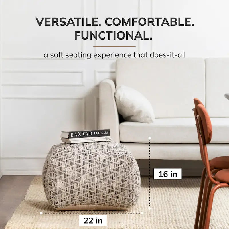 22- inch Square Black Pouf Ottoman - Handmade Footrest for Living Room, Bedroom, Patio