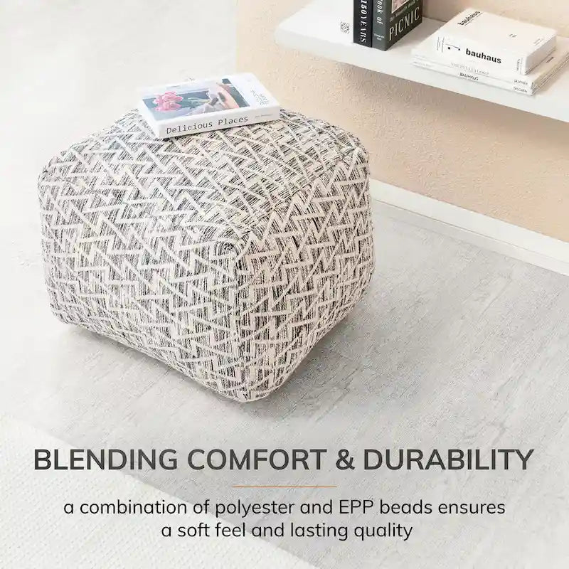 22- inch Square Black Pouf Ottoman - Handmade Footrest for Living Room, Bedroom, Patio