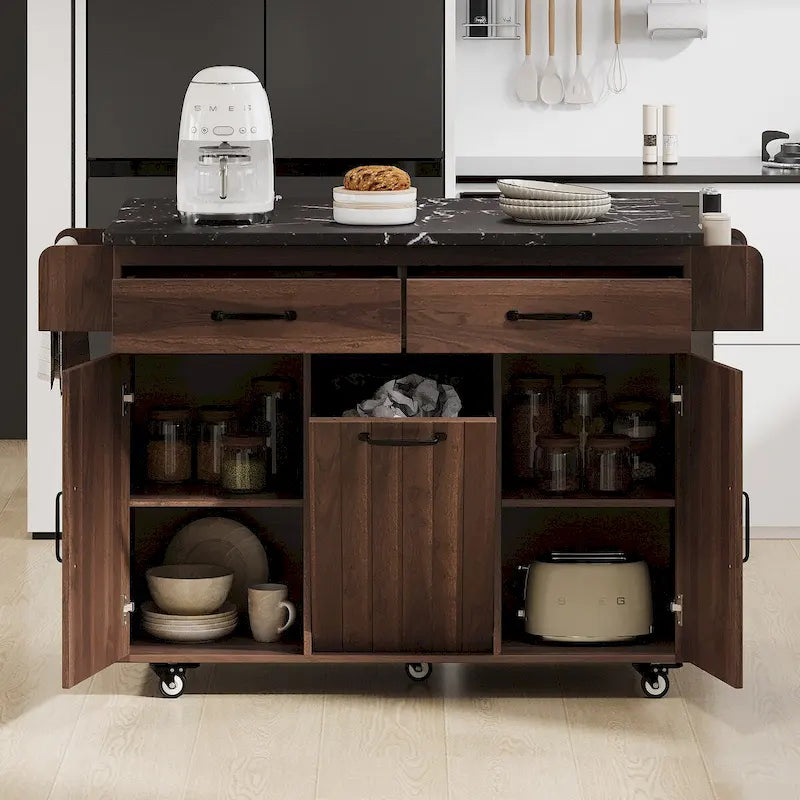 Kitchen island cart with trash bin storage cabinet, on wheels, with drop-leaf panel