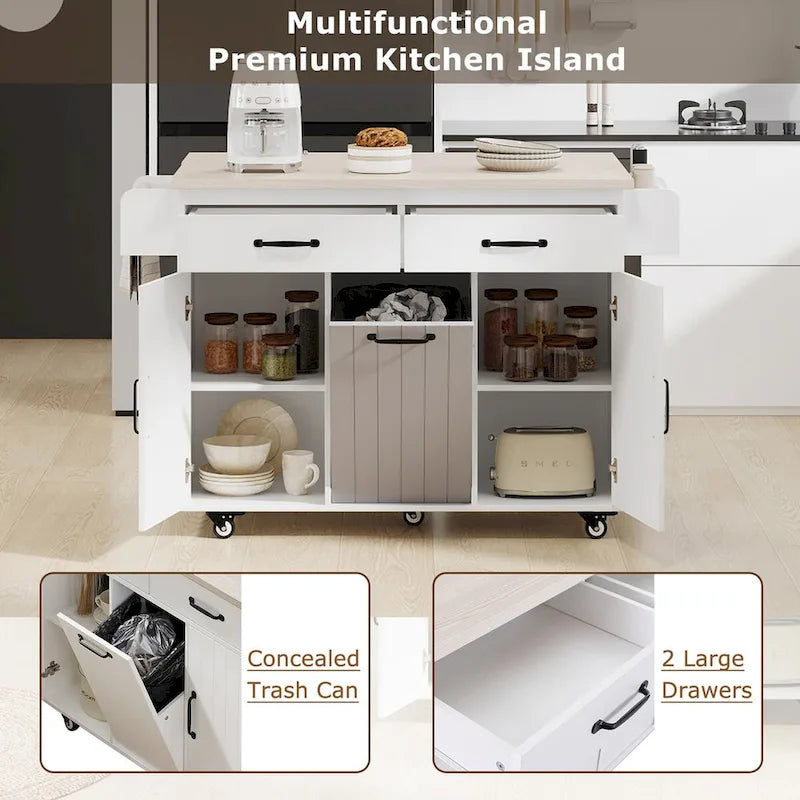 Kitchen island cart with trash bin storage cabinet, on wheels, with drop-leaf panel