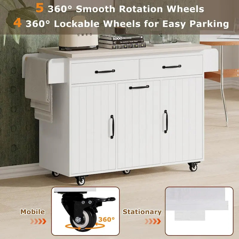 Kitchen island cart with trash bin storage cabinet, on wheels, with drop-leaf panel
