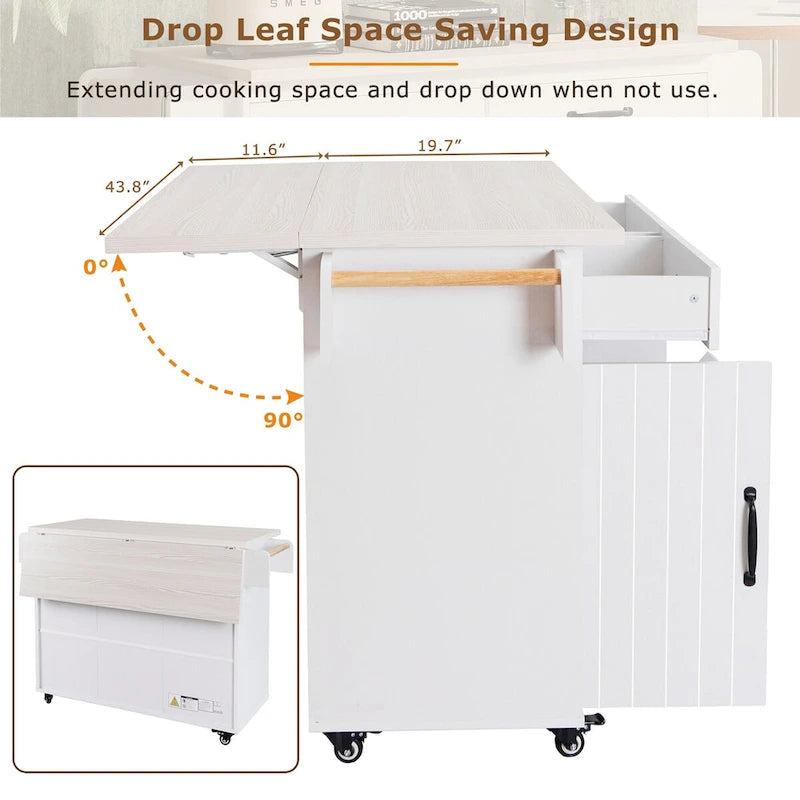 Kitchen island cart with trash bin storage cabinet, on wheels, with drop-leaf panel