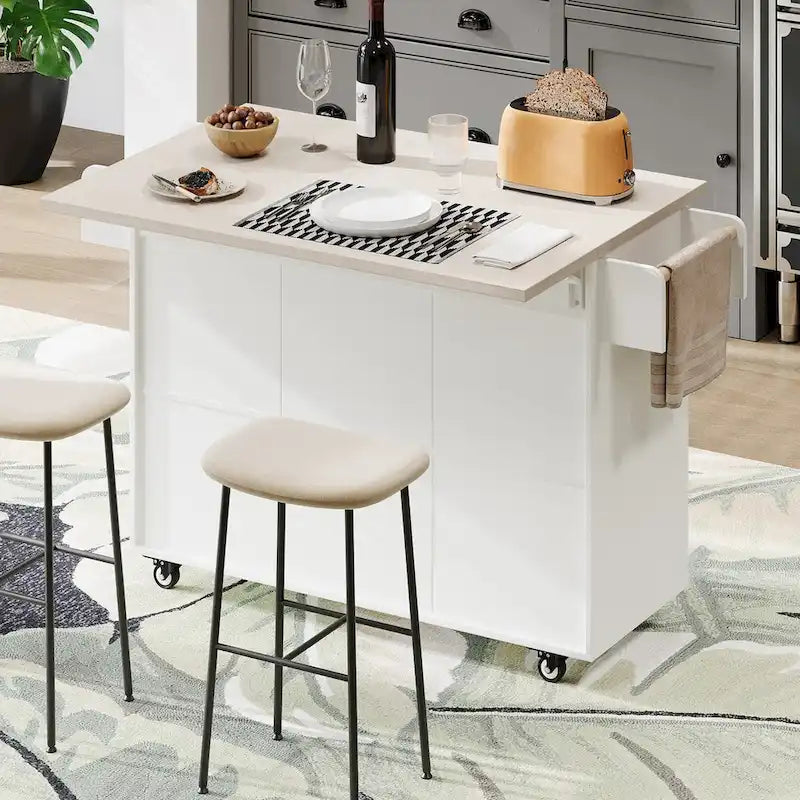 Kitchen island cart with trash bin storage cabinet, on wheels, with drop-leaf panel