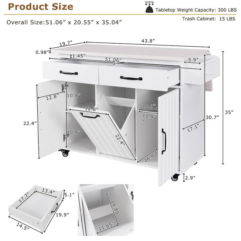Kitchen island cart with trash bin storage cabinet, on wheels, with drop-leaf panel