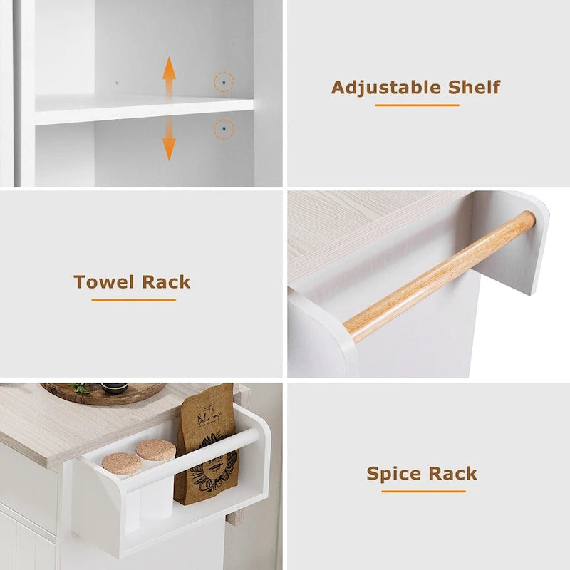 Kitchen island cart with trash bin storage cabinet, on wheels, with drop-leaf panel