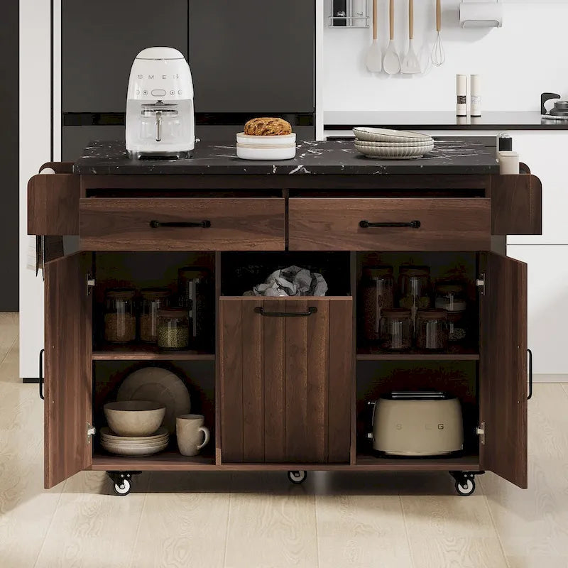 Kitchen island cart with trash bin storage cabinet, on wheels, with drop-leaf panel