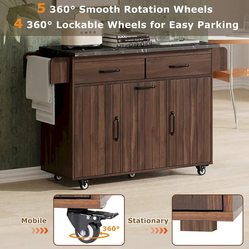 Kitchen island cart with trash bin storage cabinet, on wheels, with drop-leaf panel