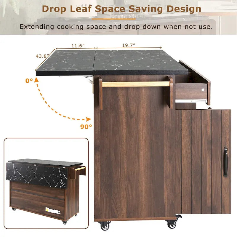 Kitchen island cart with trash bin storage cabinet, on wheels, with drop-leaf panel