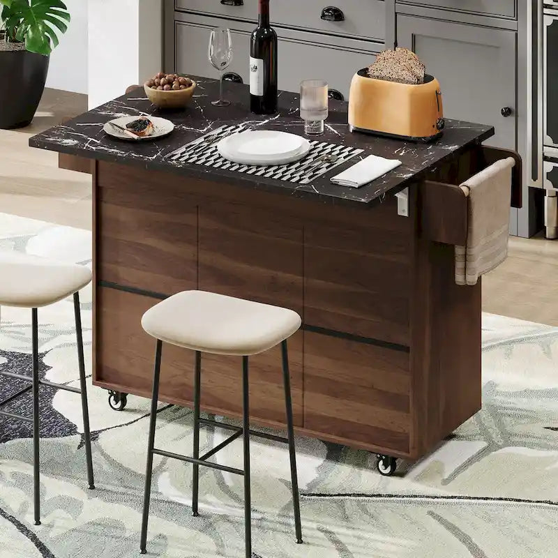 Kitchen island cart with trash bin storage cabinet, on wheels, with drop-leaf panel