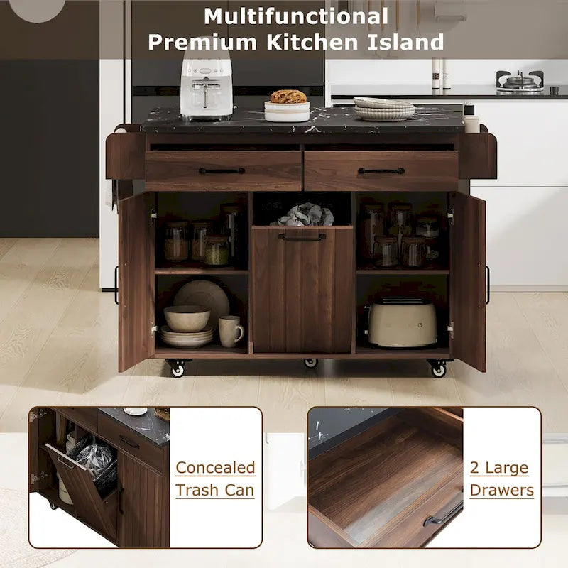 Kitchen island cart with trash bin storage cabinet, on wheels, with drop-leaf panel