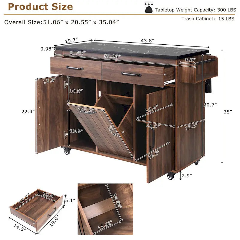 Kitchen island cart with trash bin storage cabinet, on wheels, with drop-leaf panel