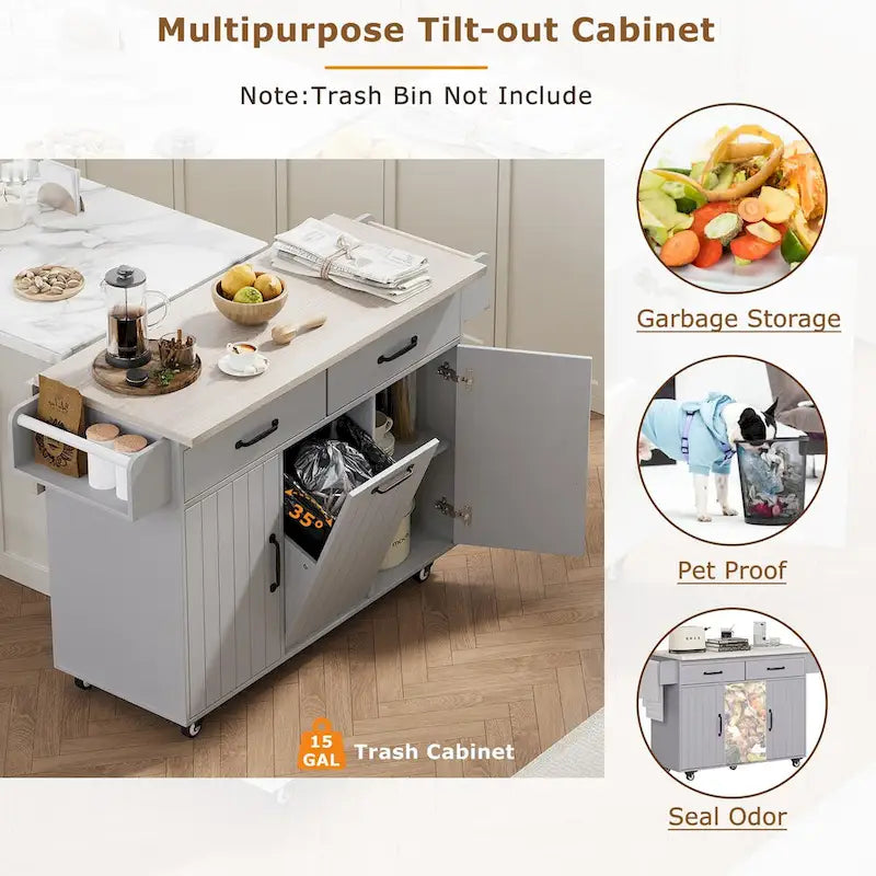 Kitchen island cart with trash bin storage cabinet, on wheels, with drop-leaf panel