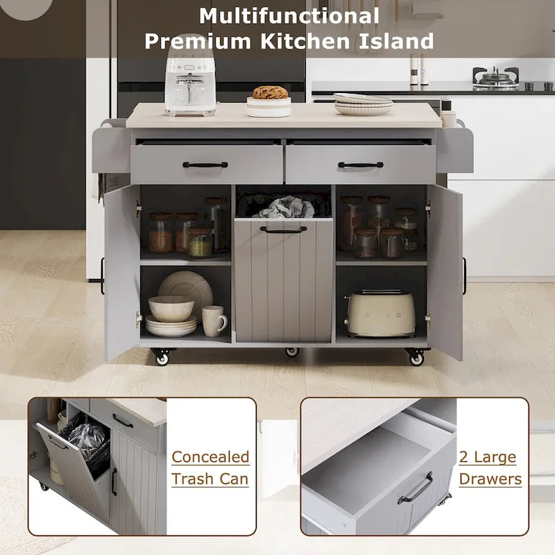 Kitchen island cart with trash bin storage cabinet, on wheels, with drop-leaf panel