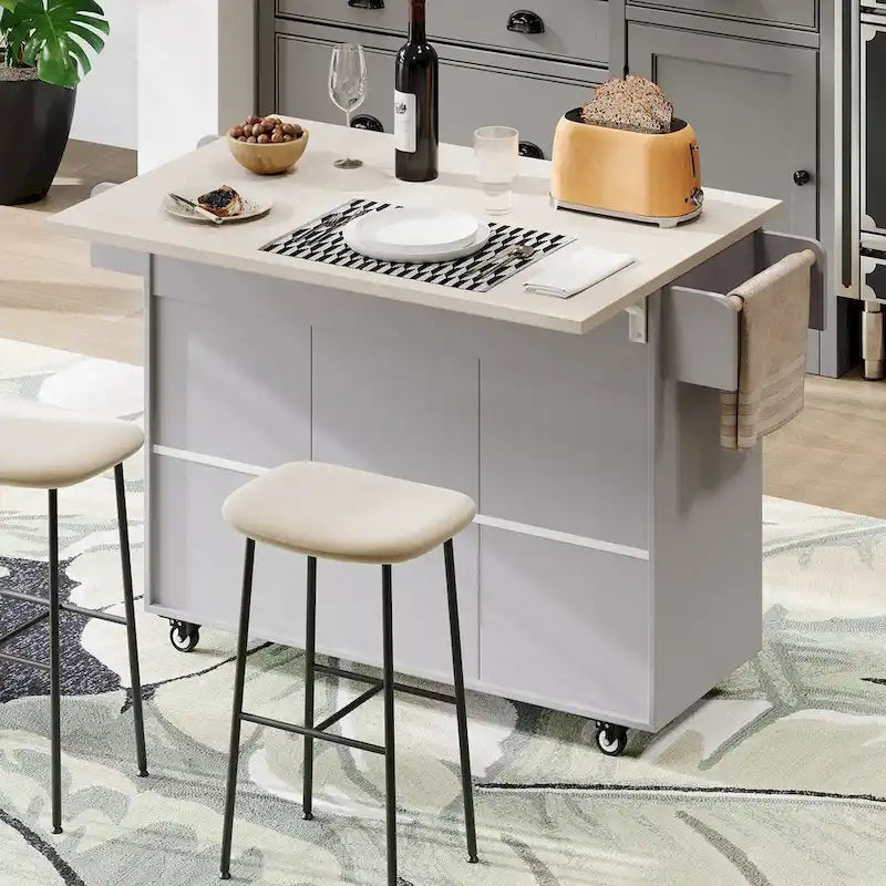 Kitchen island cart with trash bin storage cabinet, on wheels, with drop-leaf panel
