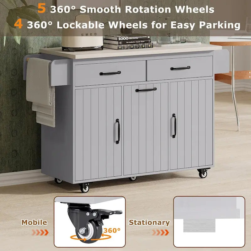 Kitchen island cart with trash bin storage cabinet, on wheels, with drop-leaf panel