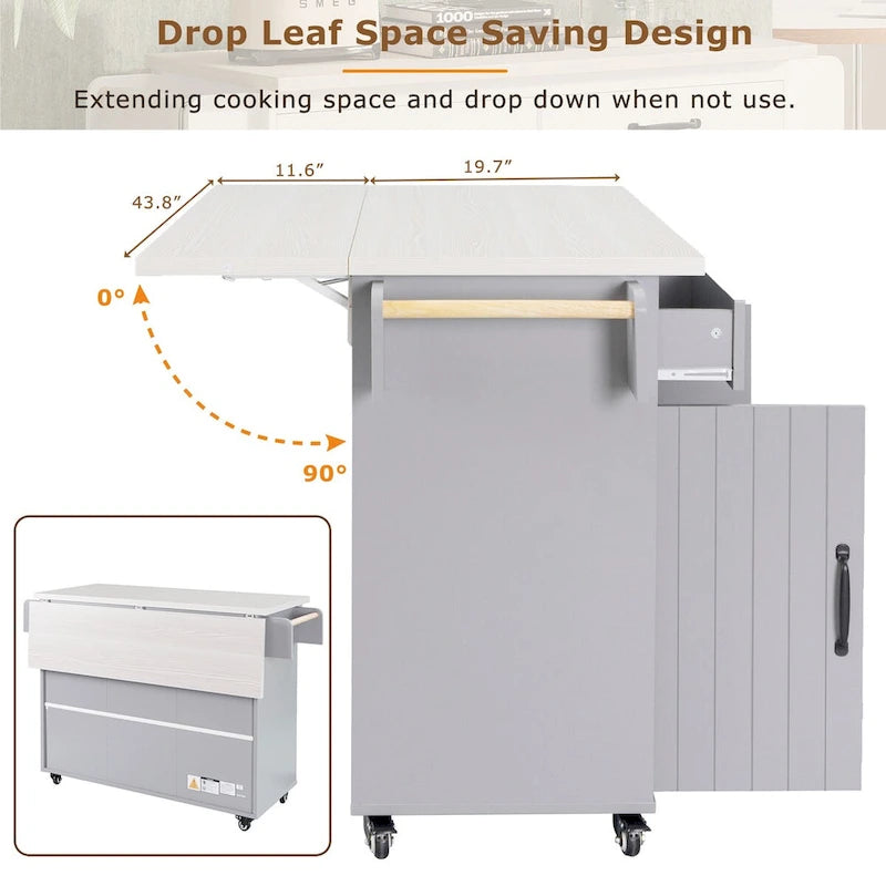 Kitchen island cart with trash bin storage cabinet, on wheels, with drop-leaf panel