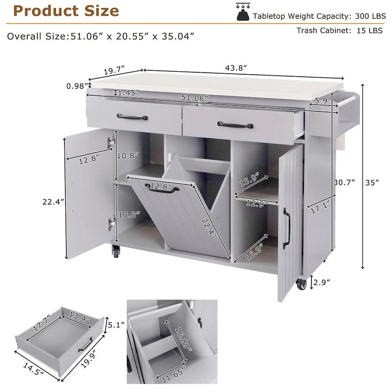 Kitchen island cart with trash bin storage cabinet, on wheels, with drop-leaf panel