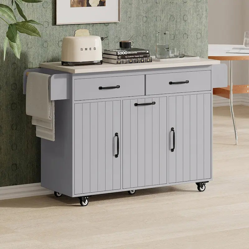 Kitchen island cart with trash bin storage cabinet, on wheels, with drop-leaf panel