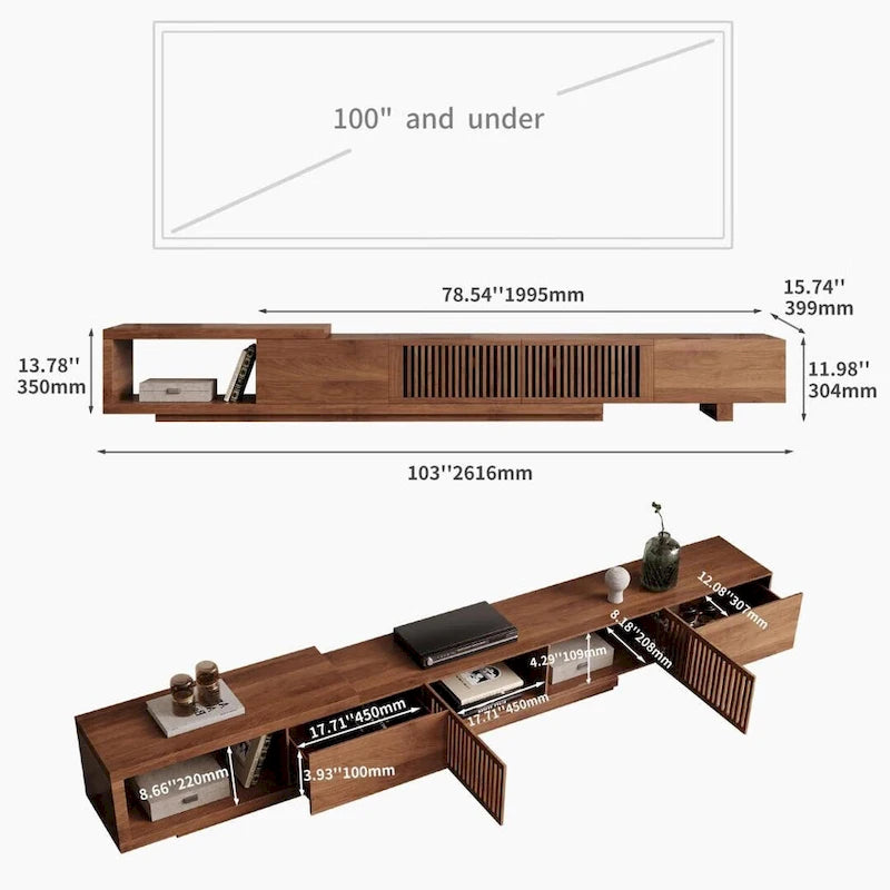 With 5 storage spaces, modern retractable up to 103 inches TV cabinet - 103W x 15.74D x 13.78H