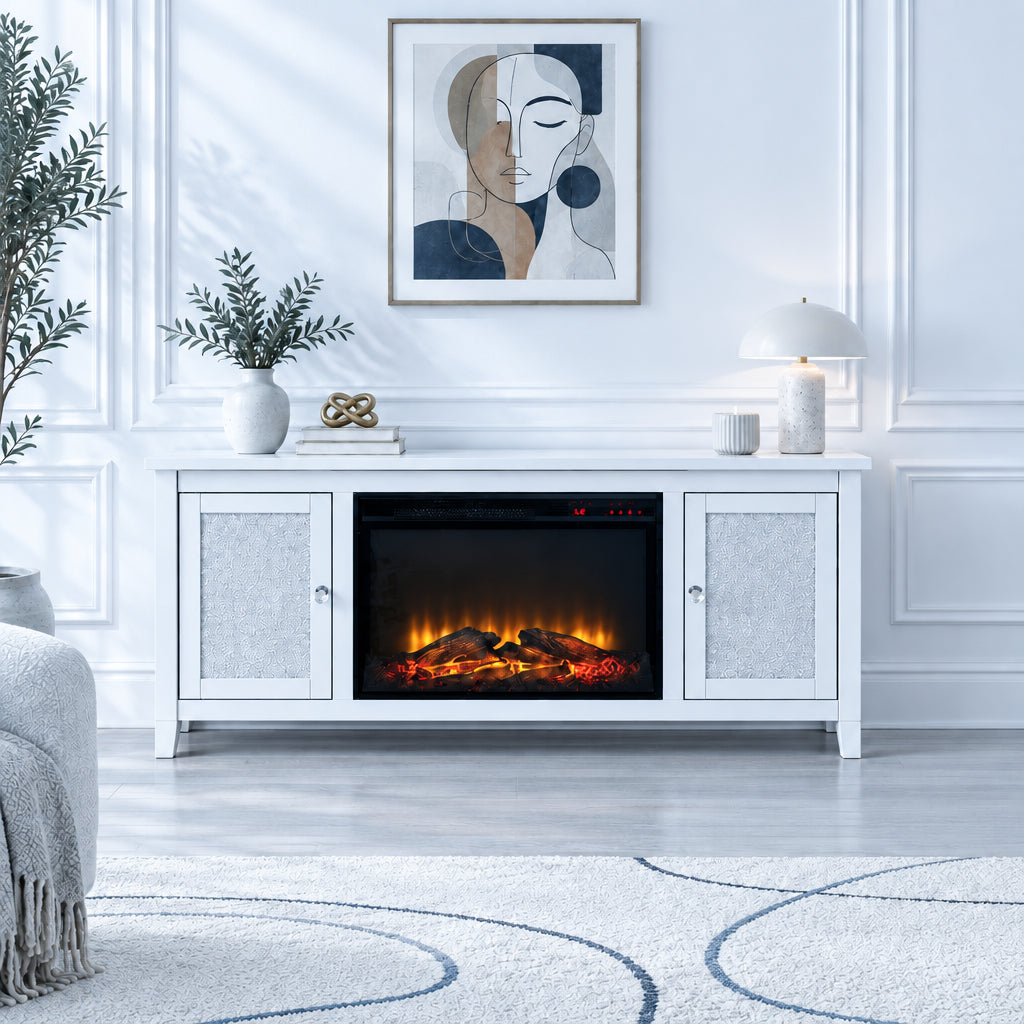 TV Stand with Electric Fireplace and Mirror Panel Framing, Silver