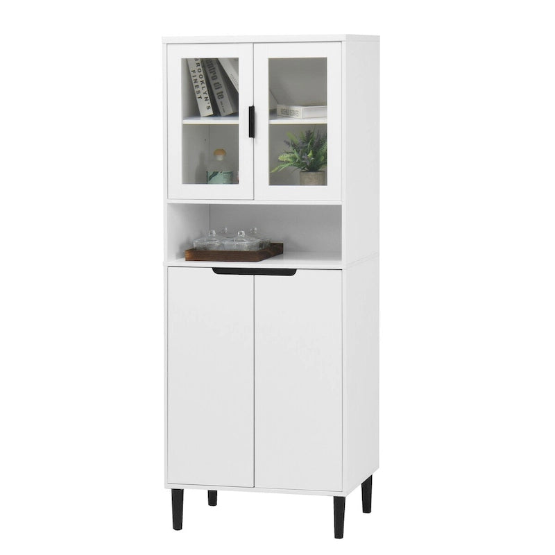 Tall Storage Show Cabinet with 2 Glass Display Door & 2 Doors, Kitchen Pantry Cabinet with Gold HandlesCabinet Freestanding