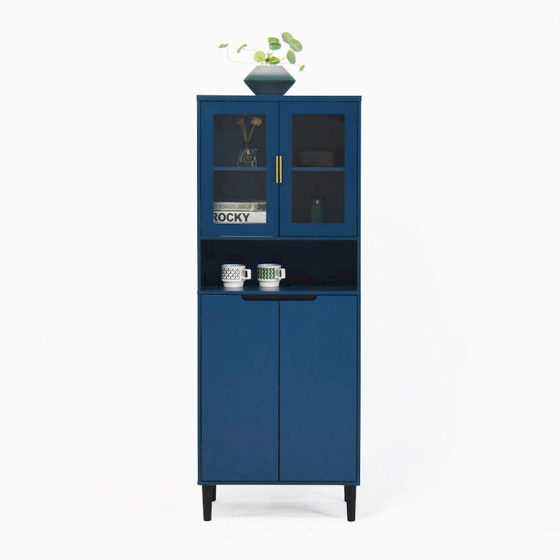 Tall Storage Show Cabinet with 2 Glass Display Door & 2 Doors, Kitchen Pantry Cabinet with Gold HandlesCabinet Freestanding