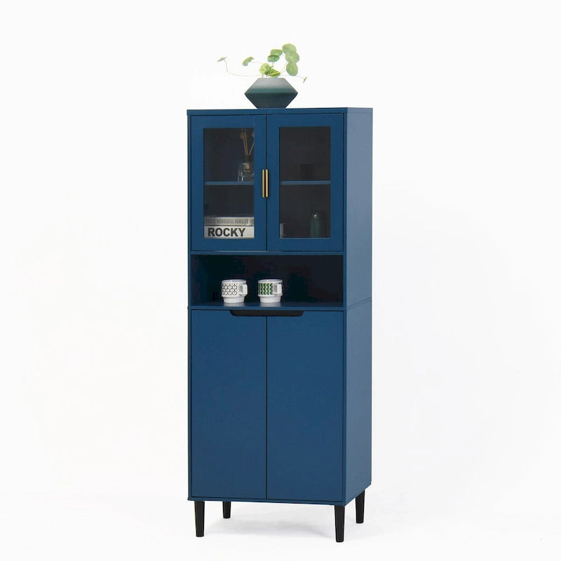 Tall Storage Show Cabinet with 2 Glass Display Door & 2 Doors, Kitchen Pantry Cabinet with Gold HandlesCabinet Freestanding