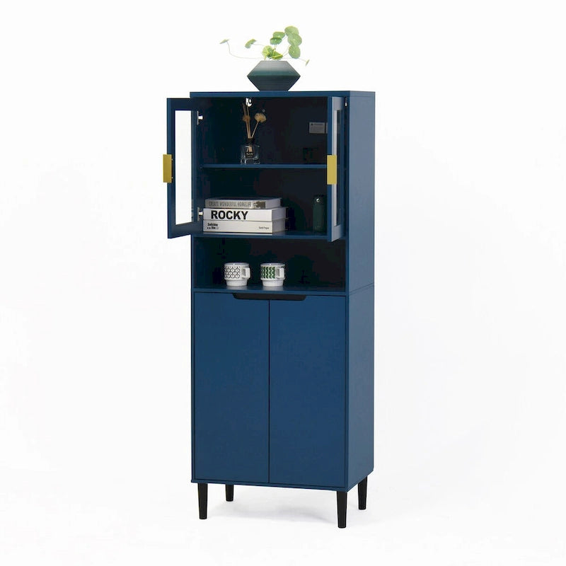 Tall Storage Show Cabinet with 2 Glass Display Door & 2 Doors, Kitchen Pantry Cabinet with Gold HandlesCabinet Freestanding