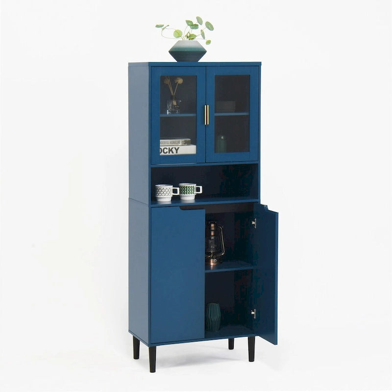 Tall Storage Show Cabinet with 2 Glass Display Door & 2 Doors, Kitchen Pantry Cabinet with Gold HandlesCabinet Freestanding