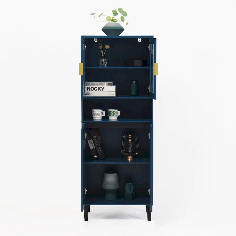 Tall Storage Show Cabinet with 2 Glass Display Door & 2 Doors, Kitchen Pantry Cabinet with Gold HandlesCabinet Freestanding