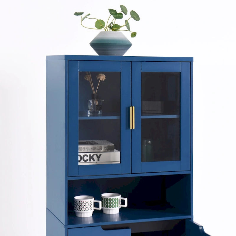Tall Storage Show Cabinet with 2 Glass Display Door & 2 Doors, Kitchen Pantry Cabinet with Gold HandlesCabinet Freestanding