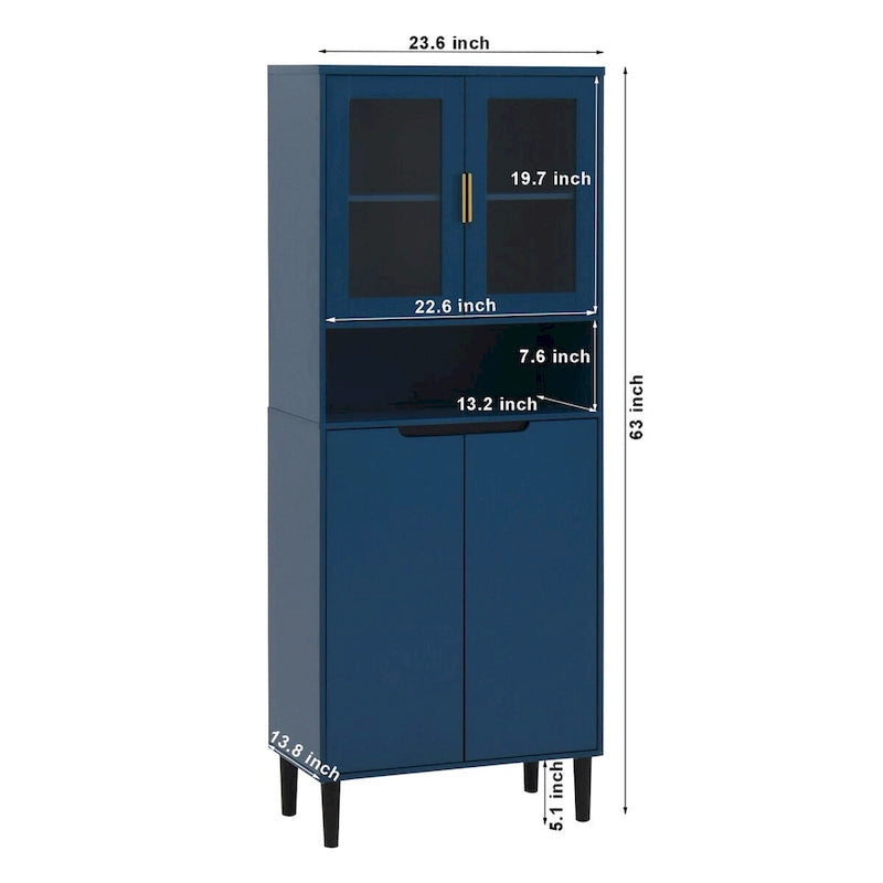 Tall Storage Show Cabinet with 2 Glass Display Door & 2 Doors, Kitchen Pantry Cabinet with Gold HandlesCabinet Freestanding