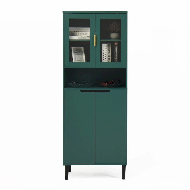 Tall Storage Show Cabinet with 2 Glass Display Door & 2 Doors, Kitchen Pantry Cabinet with Gold HandlesCabinet Freestanding