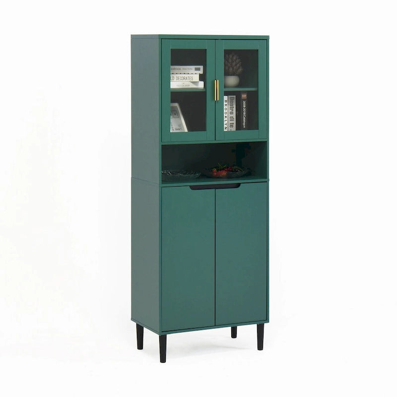 Tall Storage Show Cabinet with 2 Glass Display Door & 2 Doors, Kitchen Pantry Cabinet with Gold HandlesCabinet Freestanding