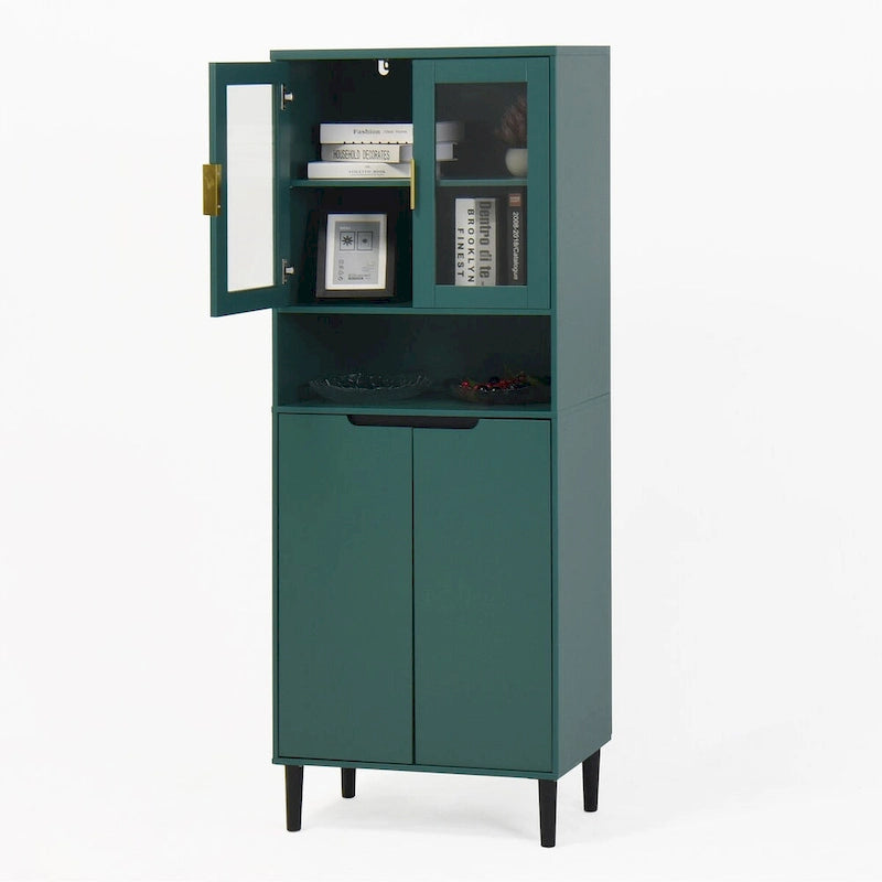 Tall Storage Show Cabinet with 2 Glass Display Door & 2 Doors, Kitchen Pantry Cabinet with Gold HandlesCabinet Freestanding