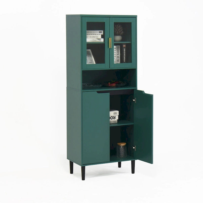 Tall Storage Show Cabinet with 2 Glass Display Door & 2 Doors, Kitchen Pantry Cabinet with Gold HandlesCabinet Freestanding