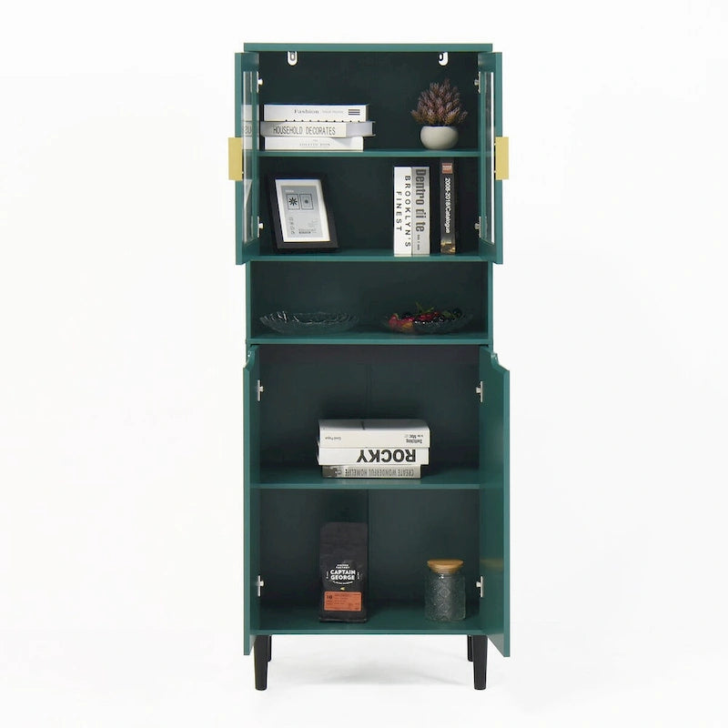 Tall Storage Show Cabinet with 2 Glass Display Door & 2 Doors, Kitchen Pantry Cabinet with Gold HandlesCabinet Freestanding