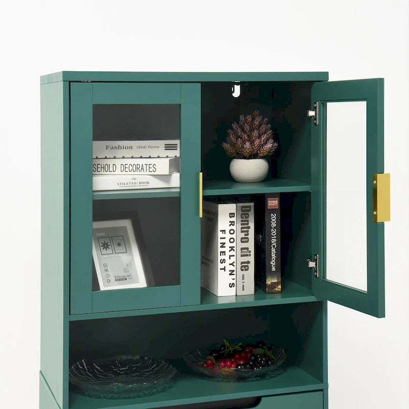 Tall Storage Show Cabinet with 2 Glass Display Door & 2 Doors, Kitchen Pantry Cabinet with Gold HandlesCabinet Freestanding