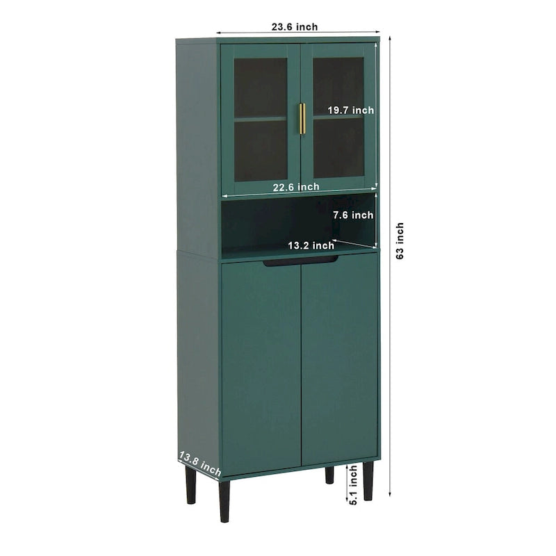 Tall Storage Show Cabinet with 2 Glass Display Door & 2 Doors, Kitchen Pantry Cabinet with Gold HandlesCabinet Freestanding