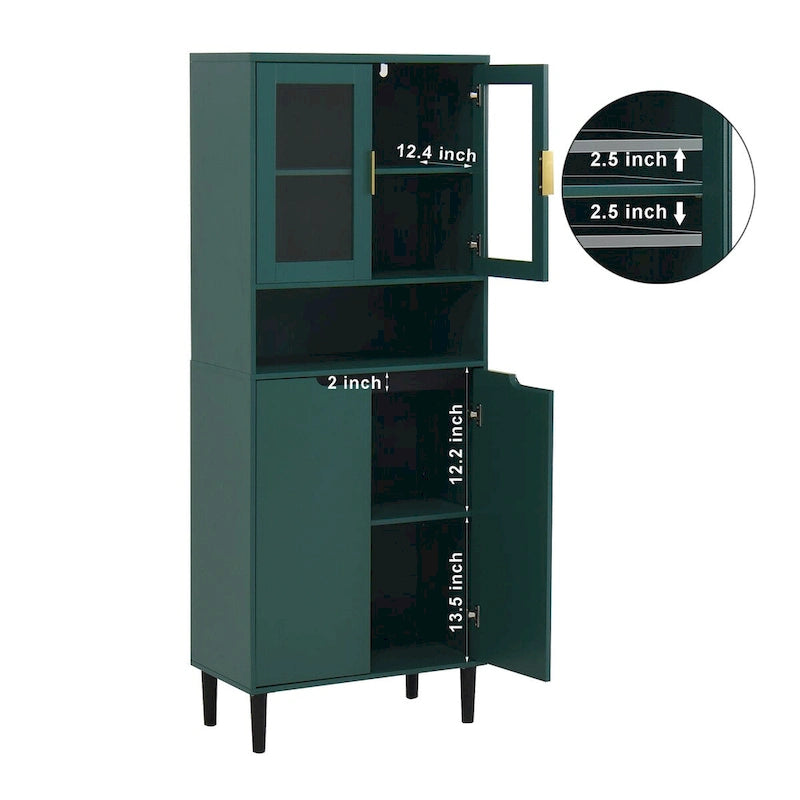 Tall Storage Show Cabinet with 2 Glass Display Door & 2 Doors, Kitchen Pantry Cabinet with Gold HandlesCabinet Freestanding