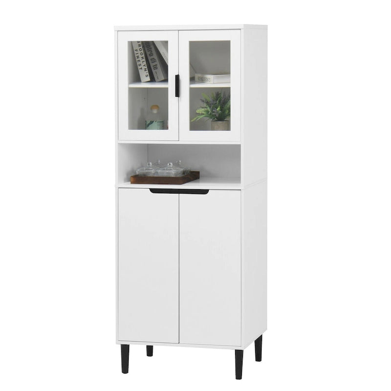 Tall Storage Show Cabinet with 2 Glass Display Door & 2 Doors, Kitchen Pantry Cabinet with Gold HandlesCabinet Freestanding