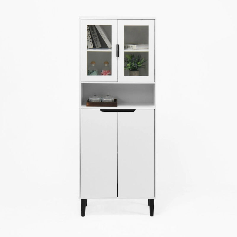 Tall Storage Show Cabinet with 2 Glass Display Door & 2 Doors, Kitchen Pantry Cabinet with Gold HandlesCabinet Freestanding