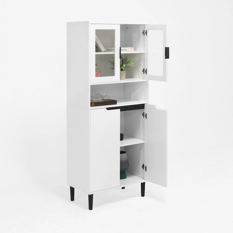 Tall Storage Show Cabinet with 2 Glass Display Door & 2 Doors, Kitchen Pantry Cabinet with Gold HandlesCabinet Freestanding