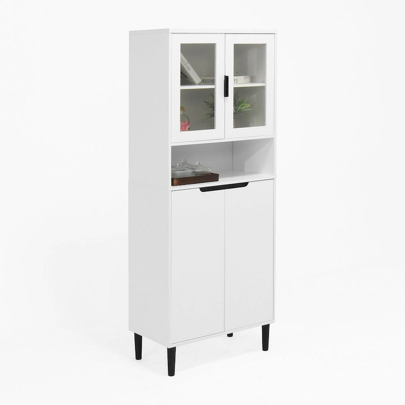 Tall Storage Show Cabinet with 2 Glass Display Door & 2 Doors, Kitchen Pantry Cabinet with Gold HandlesCabinet Freestanding