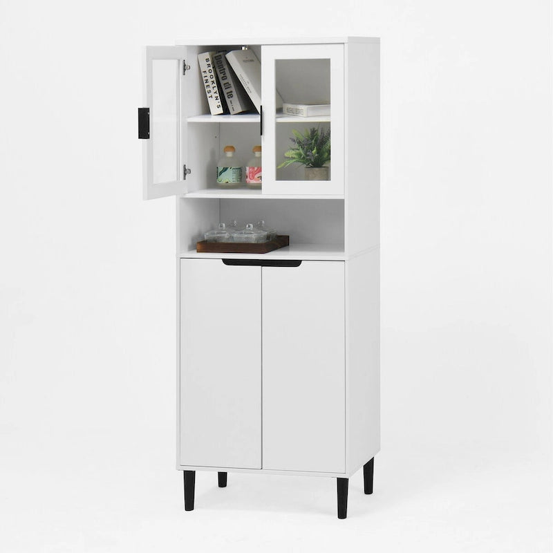Tall Storage Show Cabinet with 2 Glass Display Door & 2 Doors, Kitchen Pantry Cabinet with Gold HandlesCabinet Freestanding