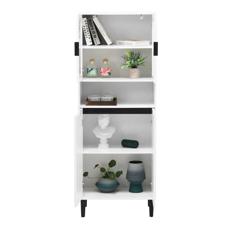 Tall Storage Show Cabinet with 2 Glass Display Door & 2 Doors, Kitchen Pantry Cabinet with Gold HandlesCabinet Freestanding