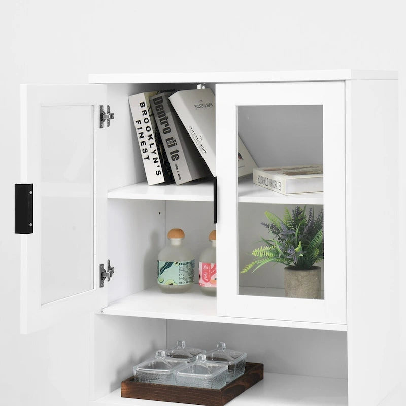 Tall Storage Show Cabinet with 2 Glass Display Door & 2 Doors, Kitchen Pantry Cabinet with Gold HandlesCabinet Freestanding